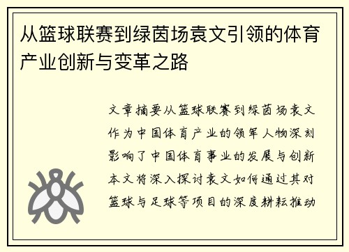 从篮球联赛到绿茵场袁文引领的体育产业创新与变革之路