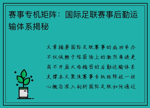 赛事专机矩阵：国际足联赛事后勤运输体系揭秘